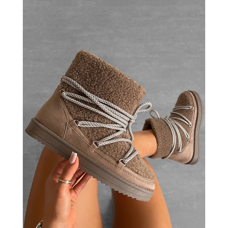 Warmth Beige Borg Mix Laced Snow Boots