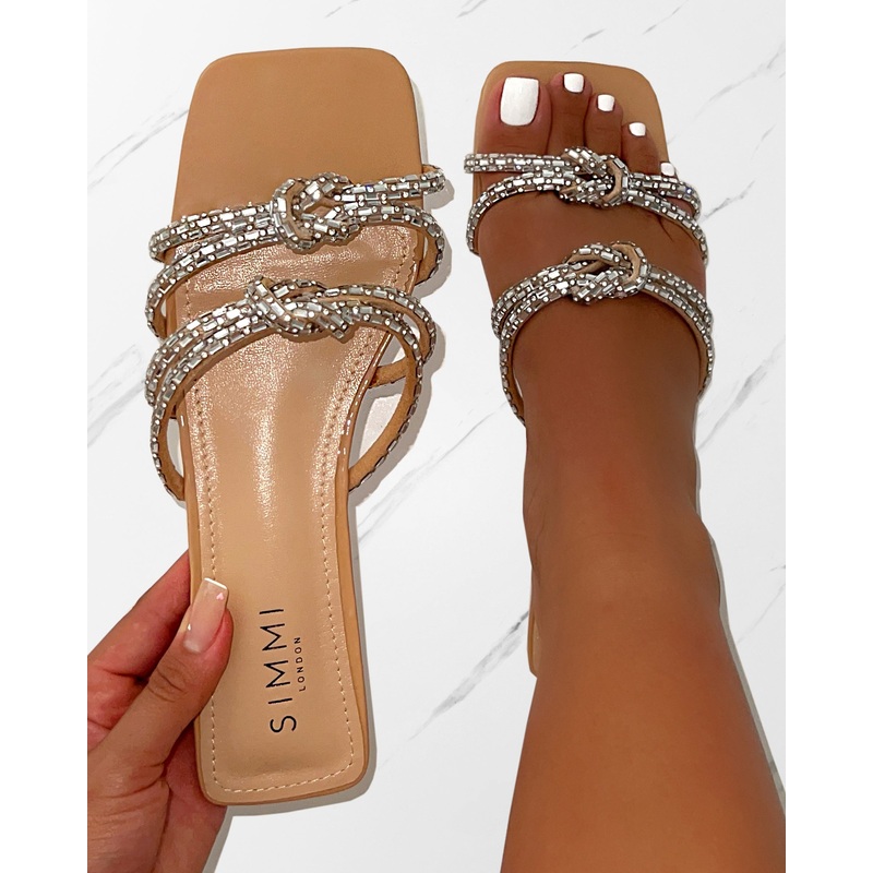 Aliano Nude Patent Diamante Flat Sandals