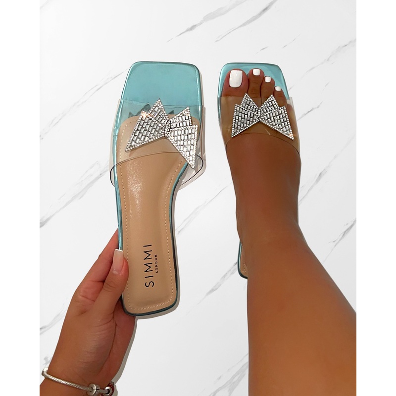 Uma Blue Clear Diamante Butterfly Flat Sandals