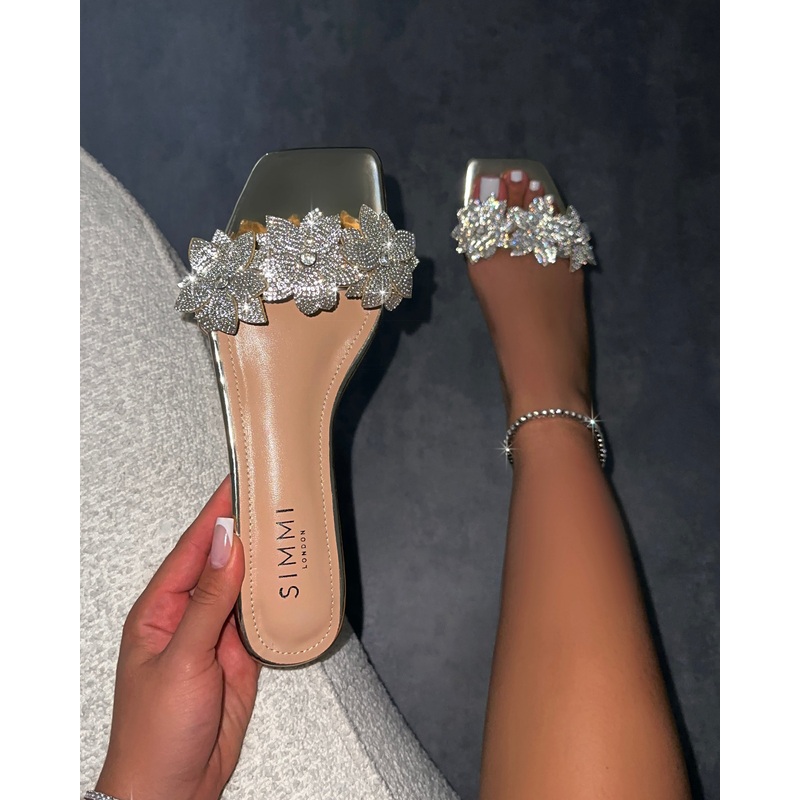 Abbie Gold Mirror Flower Diamante Flat Sandals