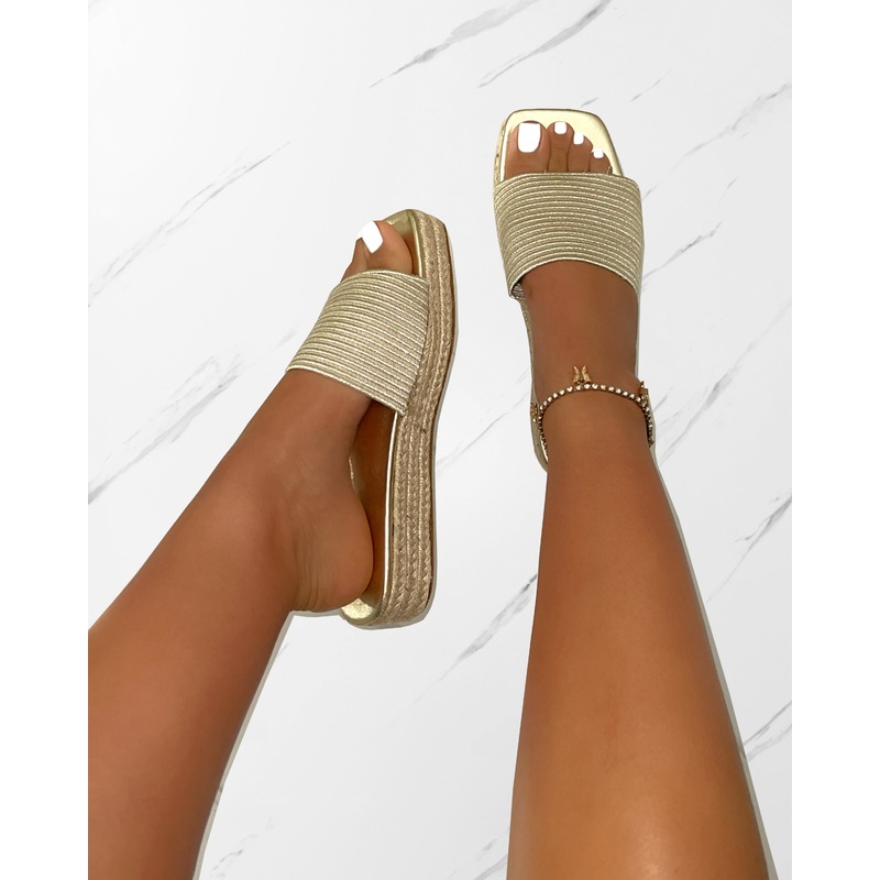 Alohi Beige Embroidered Espadrille Flatform Slides