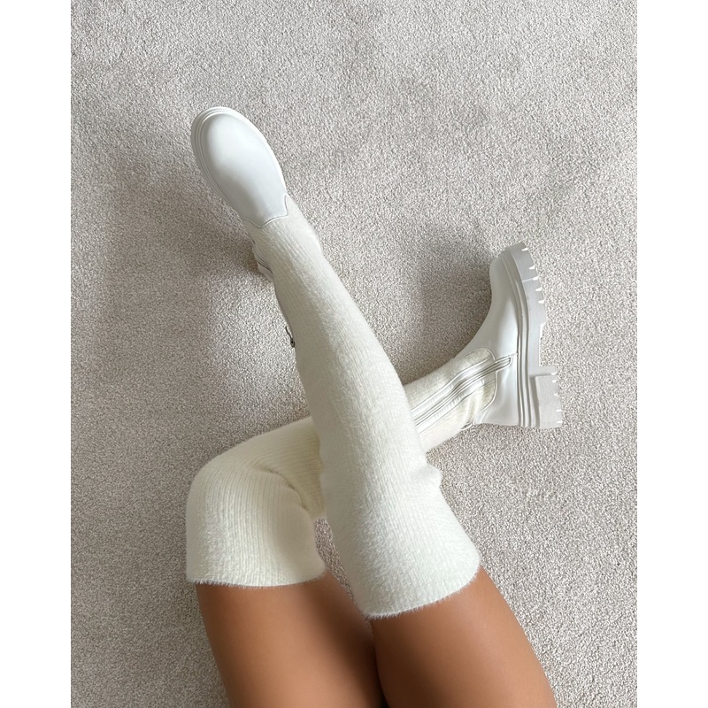 Stallone Cream Over The Knee Fluffy Sock Boots