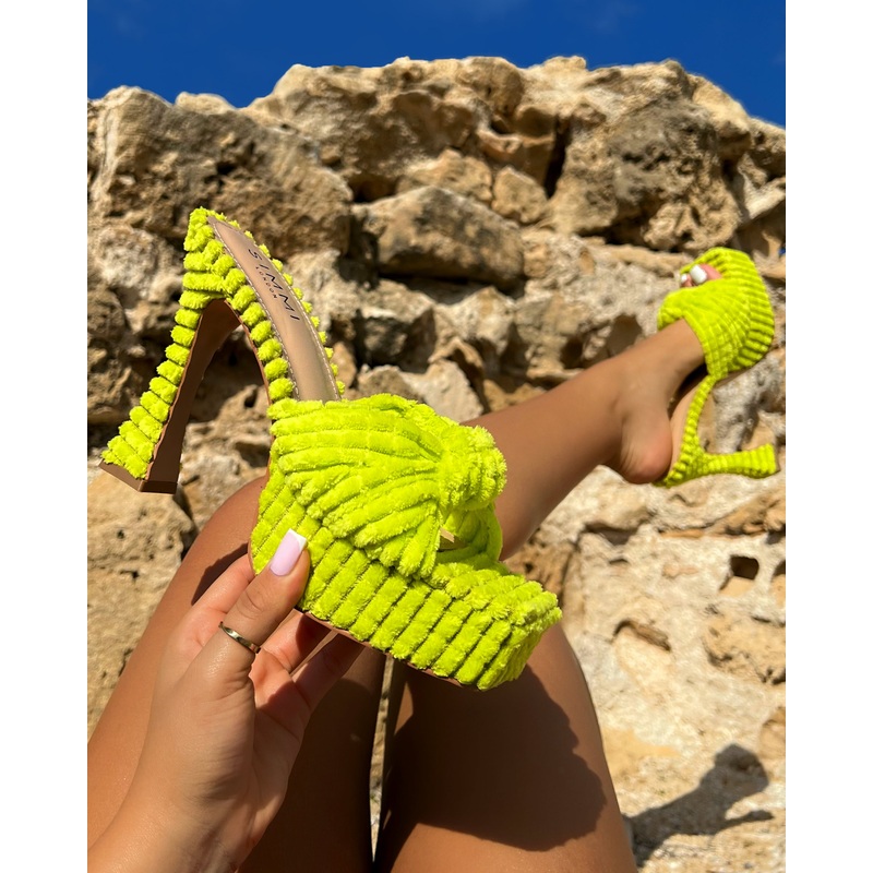 Tasha Ghouri Cedar Lime Green Towelling Knot Platform Mules