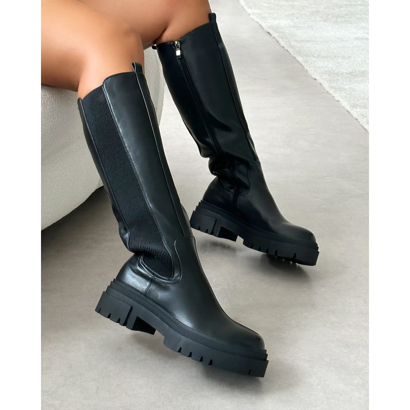 Tommo Black Flat Chunky Knee High Boots