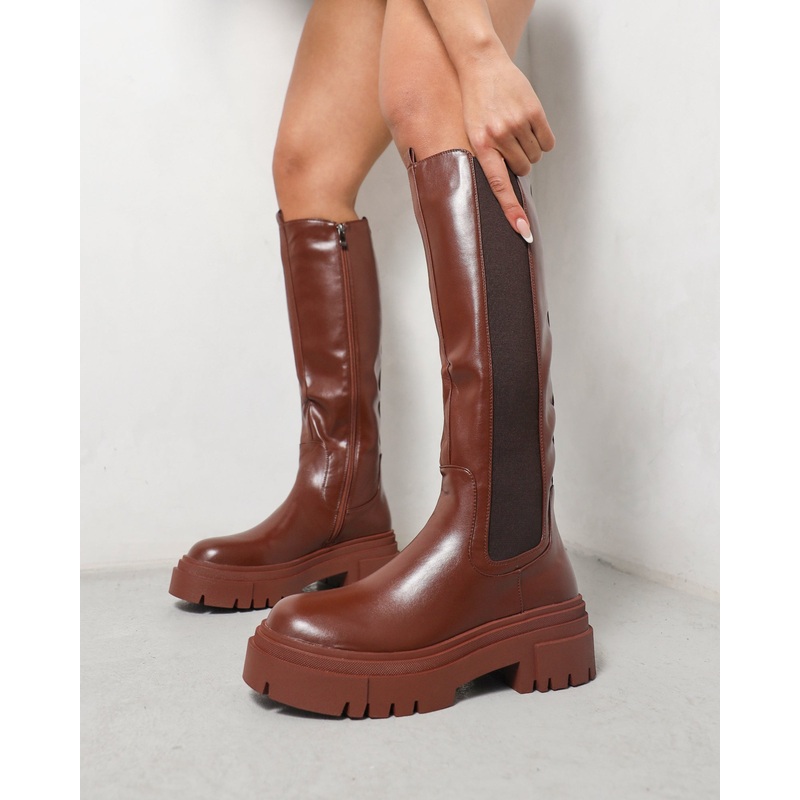 Tommo Tan Flat Chunky Knee High Boots