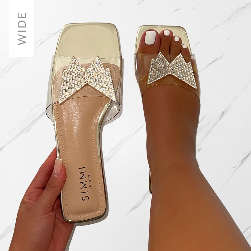 Uma Wide Fit Gold Clear Diamante Butterfly Flat Sandals