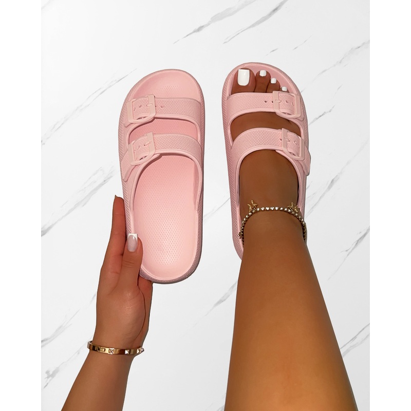 Wynna Pink Double Buckle Flat Slides