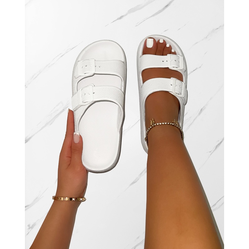 Wynna White Double Buckle Flat Slides