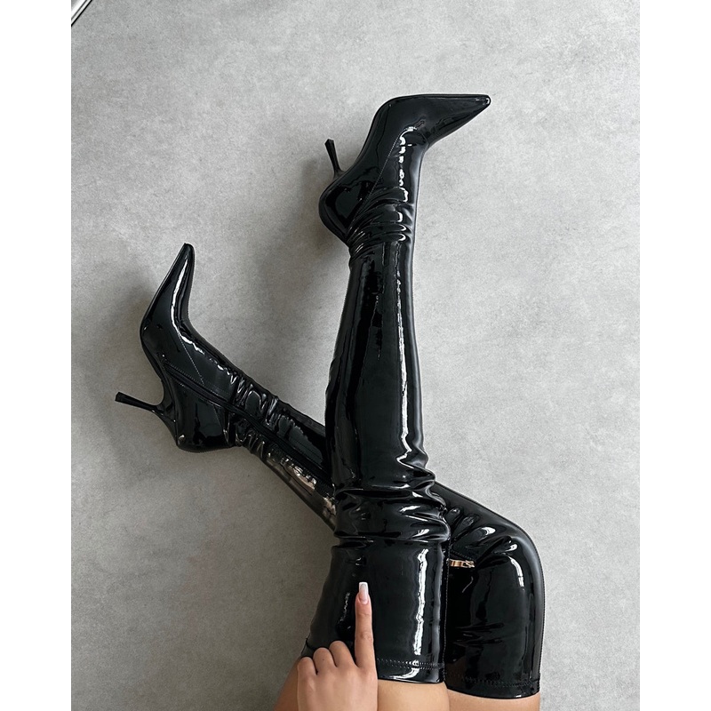 Vermont Black Patent Stretch Over The Knee Boots