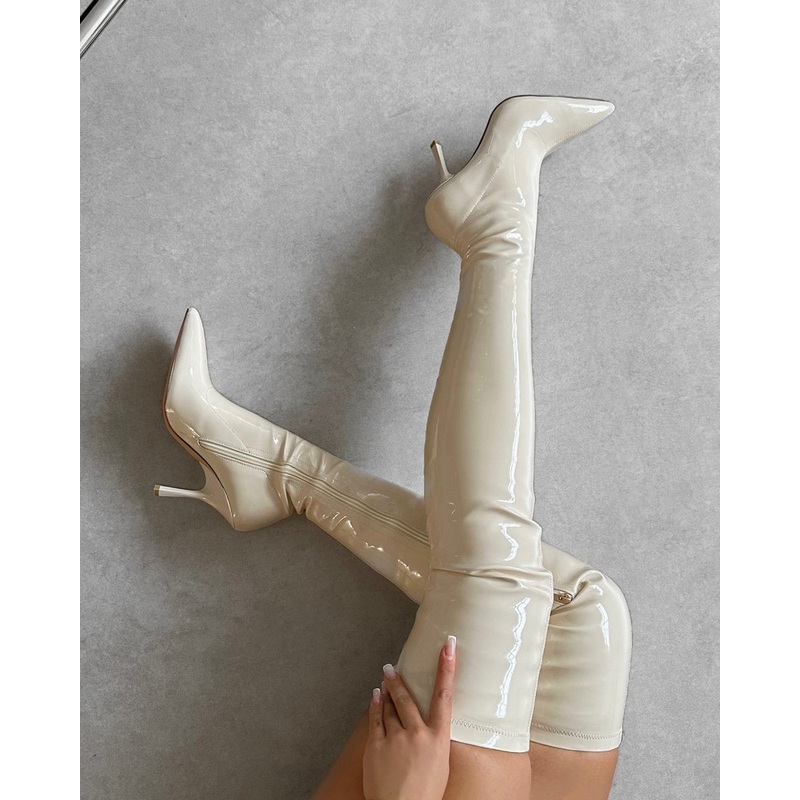 Vermont Stone Patent Stretch Over The Knee Boots