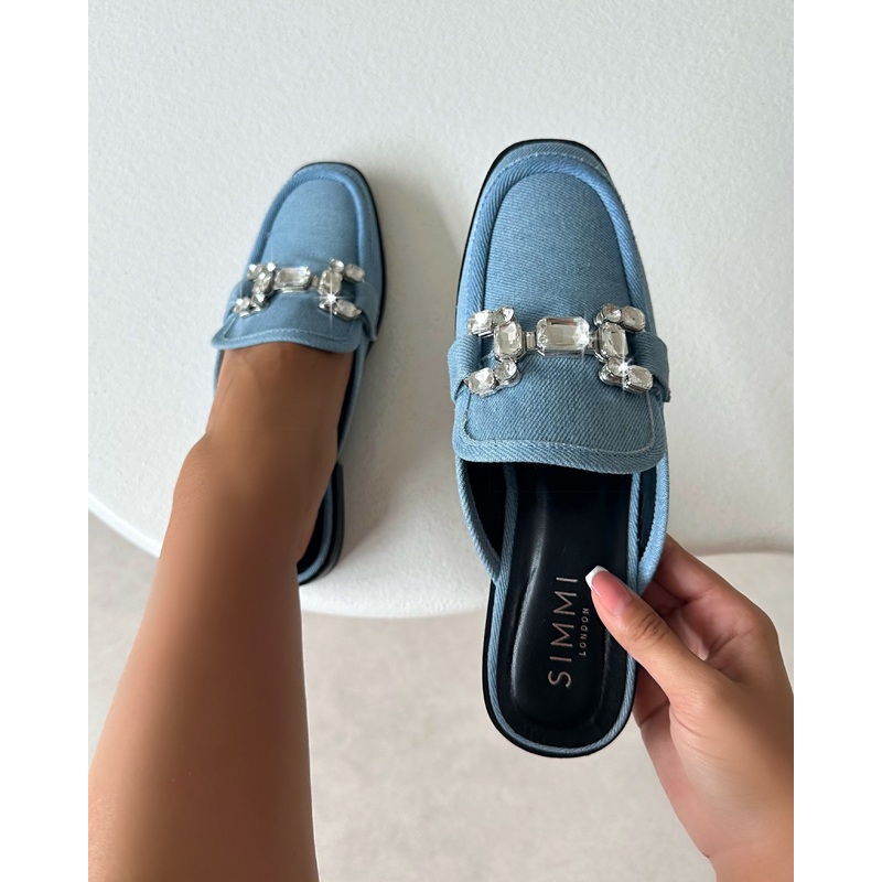 Xanthe Blue Denim Diamant Slip On Mules