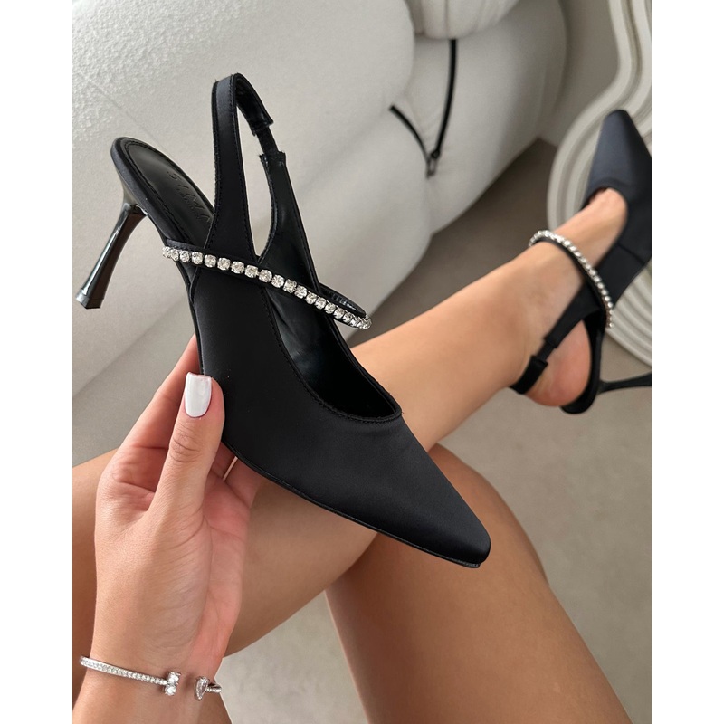 Trace Black Satin Diamante Ballet Heels
