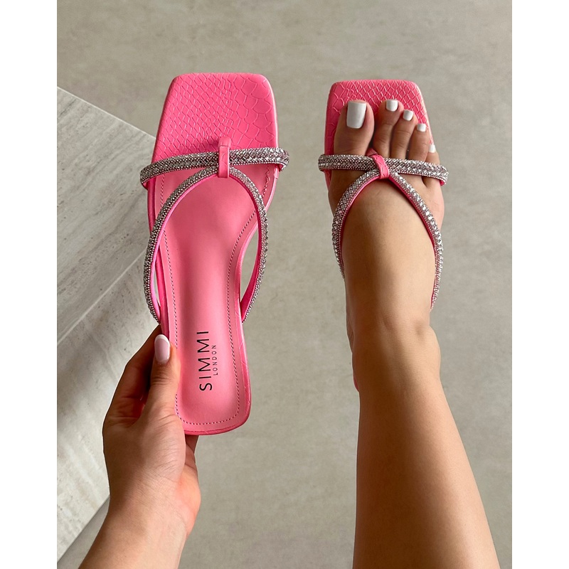 Visha Pink Faux Snake Effect Diamante Flat Sandals