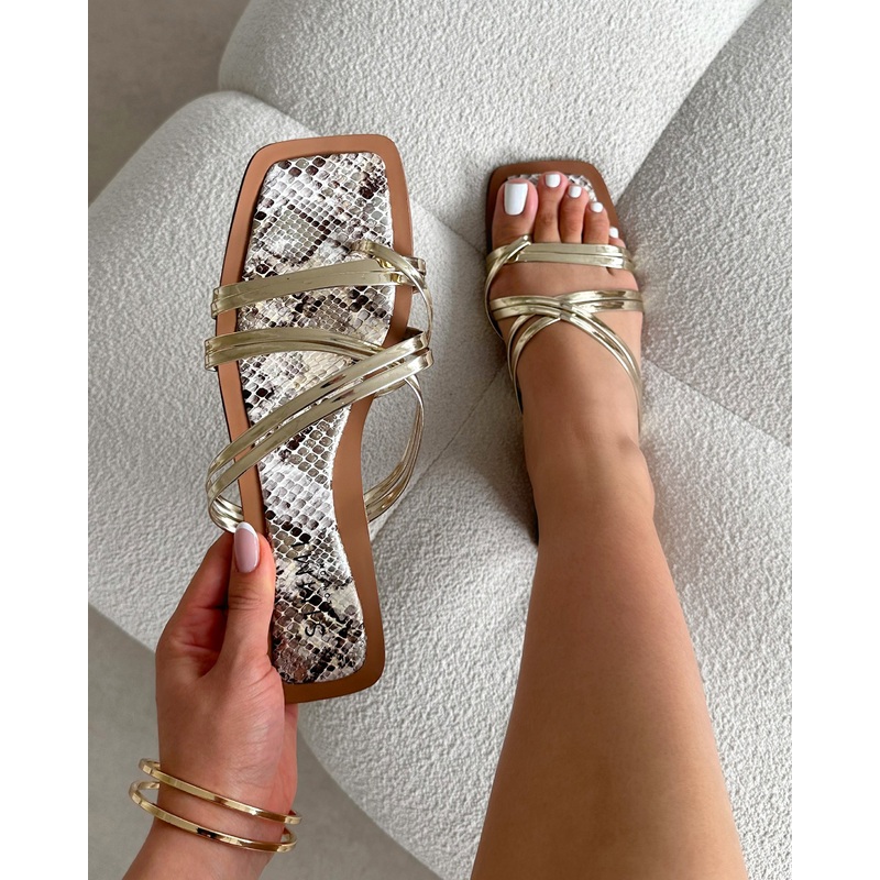 Amethyst Gold Faux Snake Effect Flat Sandals