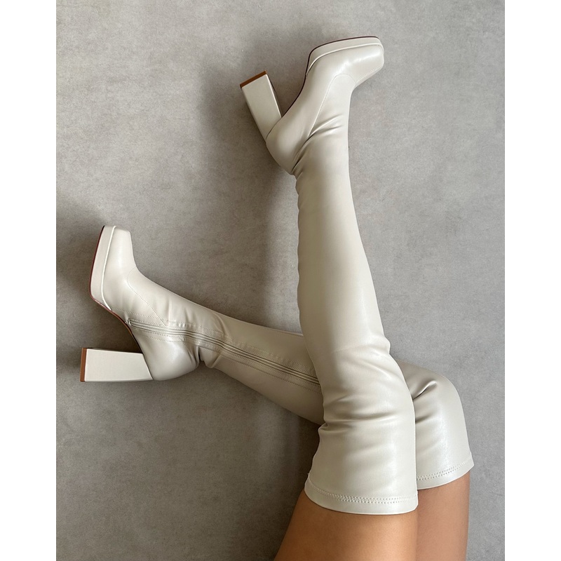 Aviva Stone Platform Block Heel Thigh High Boots