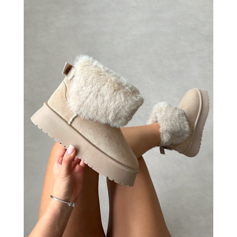 Tomiee Beige Faux Suede Fur Trimmed Ankle Boots