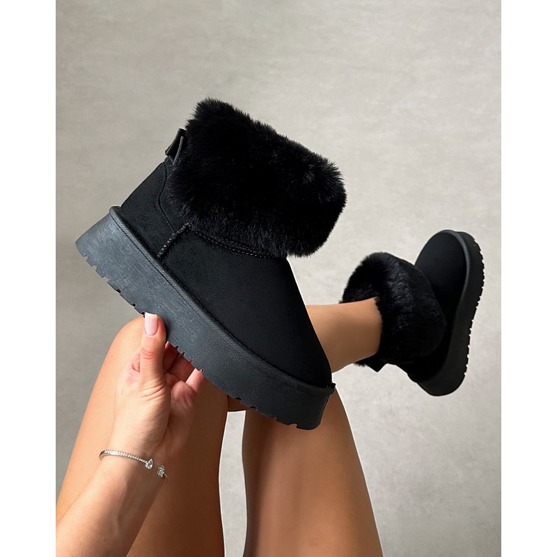 Tomiee Black Faux Suede Fur Trimmed Ankle Boots