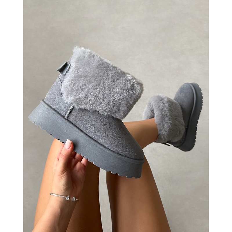 Tomiee Grey Faux Suede Fur Trimmed Ankle Boots