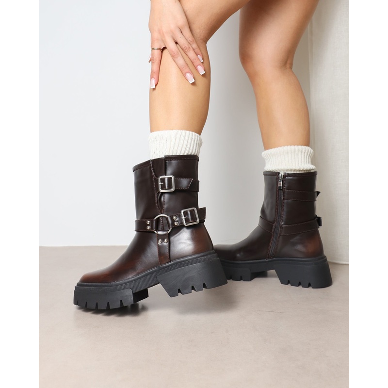 Alpesh Brown Burnished Chunky Biker Boots