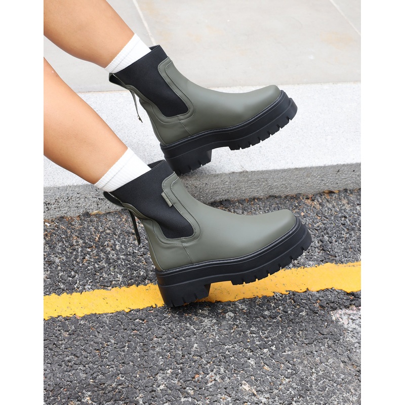 Ansel Khaki Rubberized Contrast Chunky Chelsea Boots