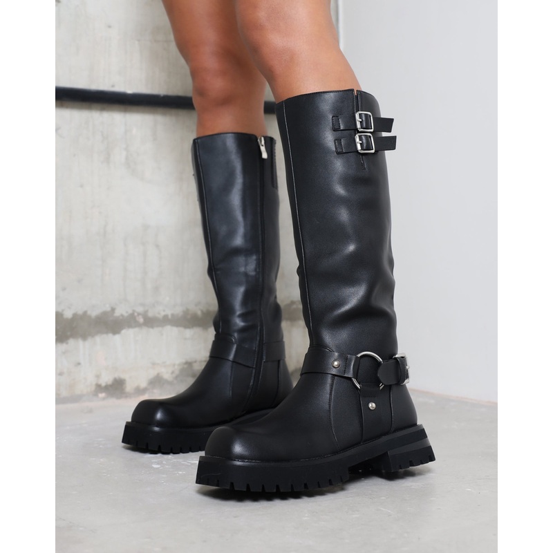Benton Black Knee High Chunky Biker Boots
