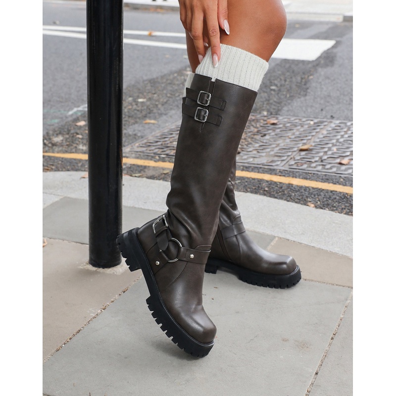 Benton Vintage Brown Knee High Chunky Biker Boots