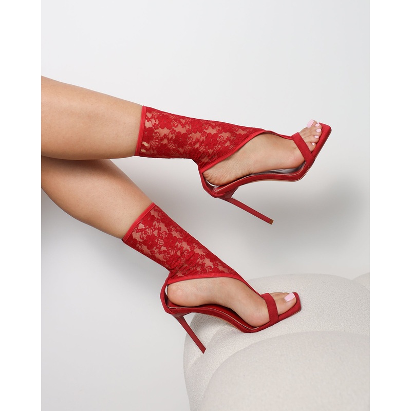 Venya Dark Red Lace Toe Thong Heeled Sandals