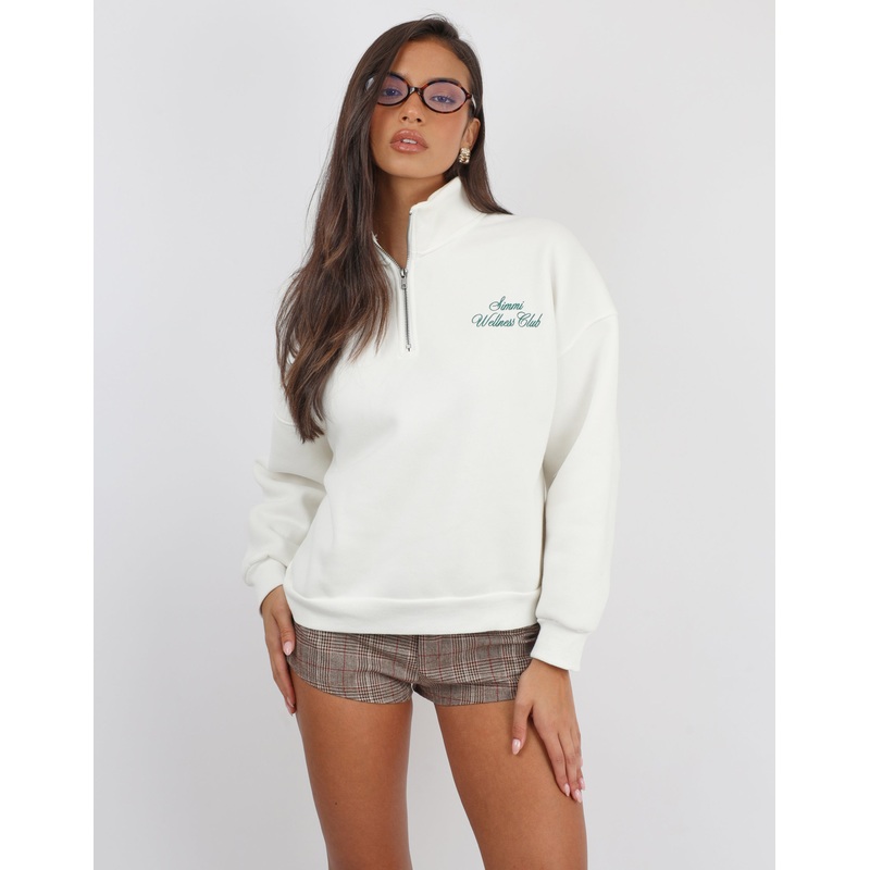 Ames Simmi Studios Half Zip Slogan Sweatshirt in White