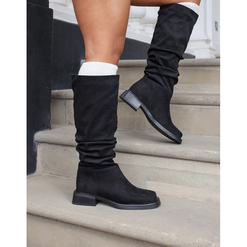 Amrose Black Suede Ruched Heeled Boots