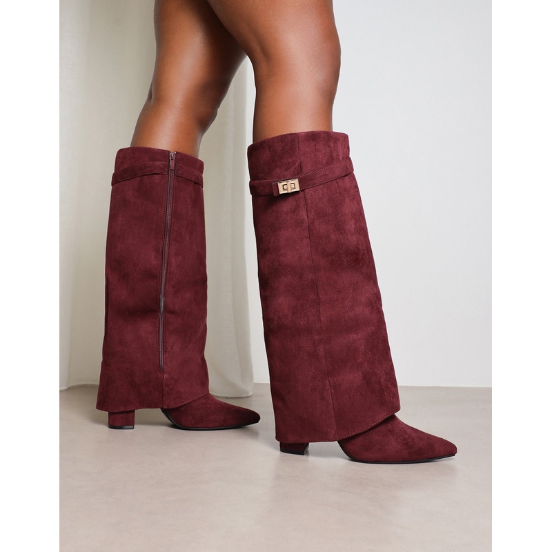 Anais Burgundy Microfibre Foldover Buckle Detail Heeled Boots