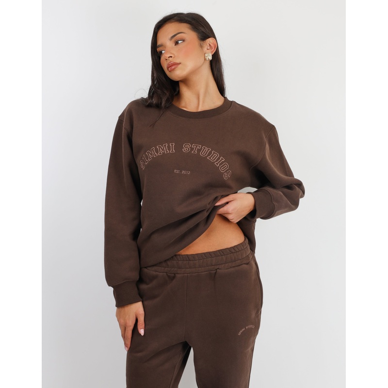 Ashby Simmi Studios Varsity Slogan Sweatshirt in Brown