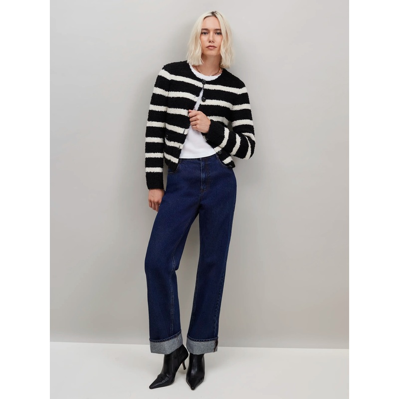 Black and White Striped Boucl-Knit Cardigan