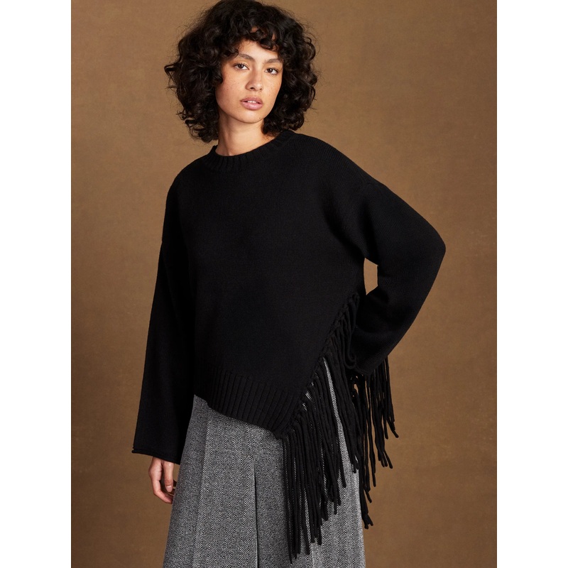 Black Asymmetric Fringed Jumper with Wool