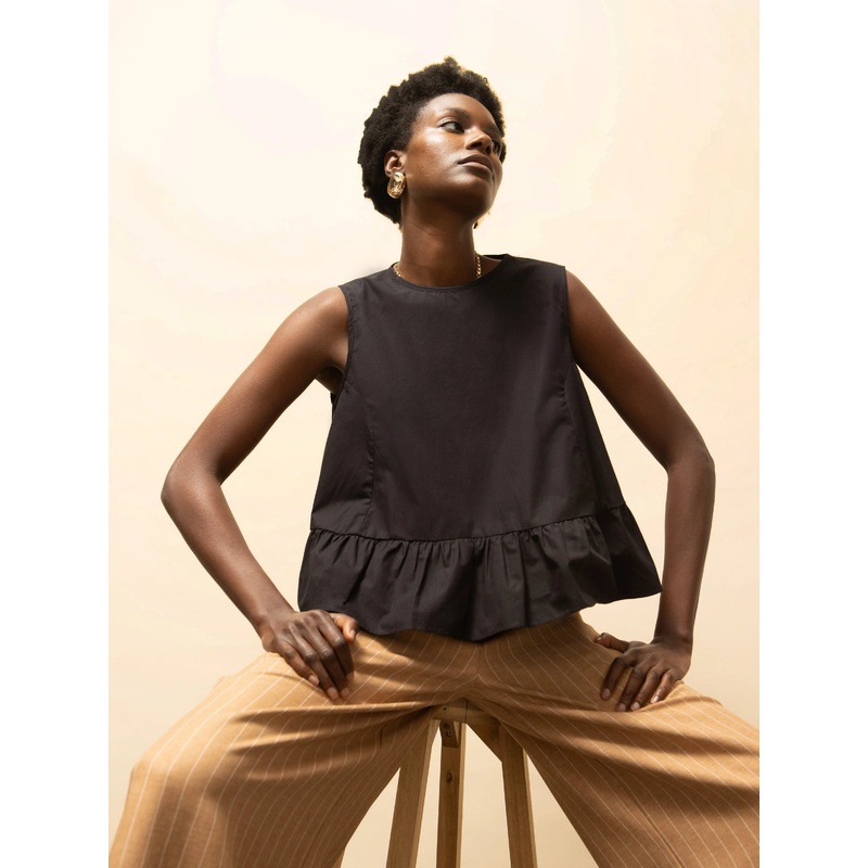 Black Frill Hem Cotton Top-6 & 8 & 10 & 12 & 14 & 16 & 18-Black