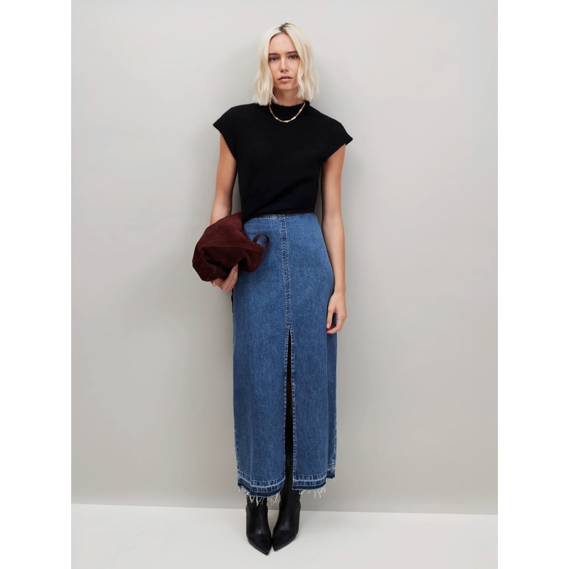 Blue Denim Split Front Maxi Skirt