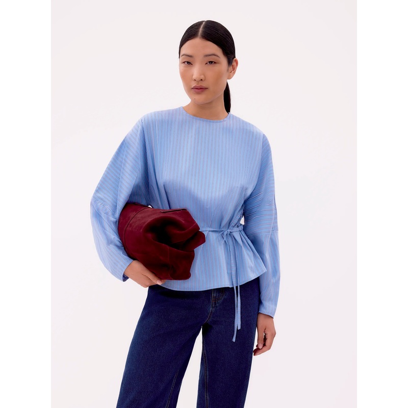 Blue Stripe Tie Waist Blouse-6 & 8 & 10 & 12 & 14 & 16 & 18-Blue