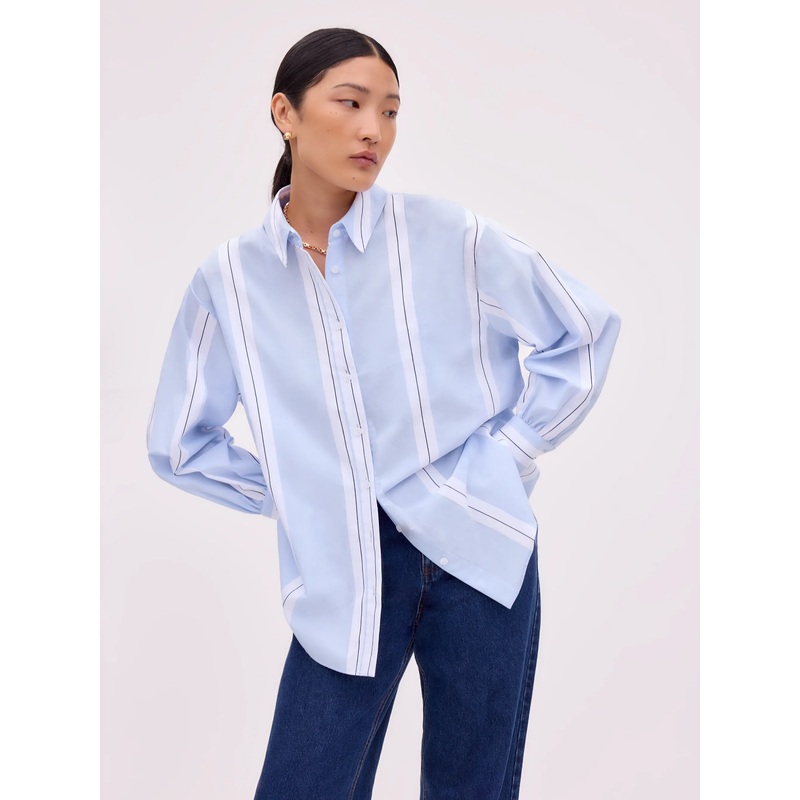 Blue Striped Cross Over Back Cotton Shirt