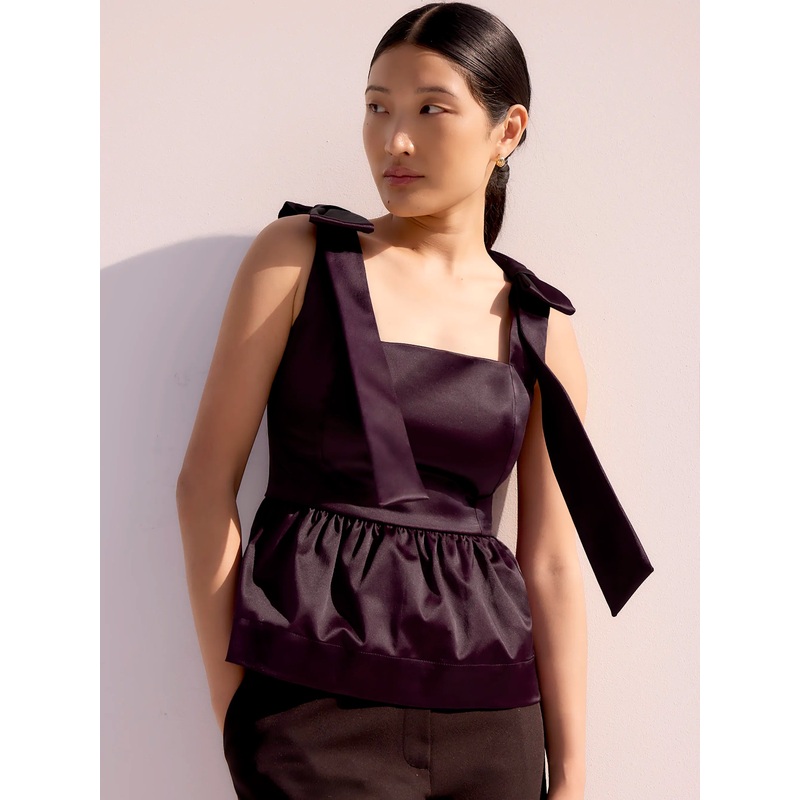 Burgundy Bow-Detail Peplum Satin Top