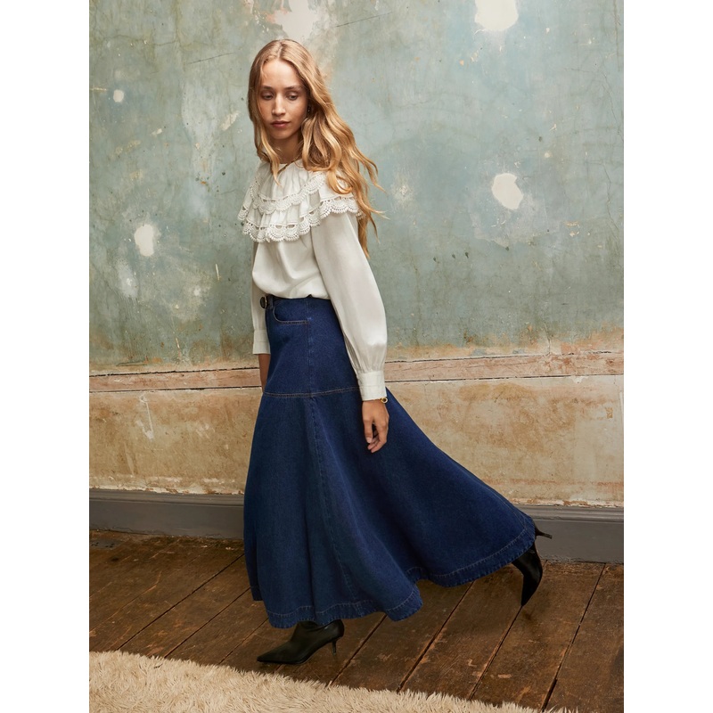 Dark-Blue Denim Flared Maxi Skirt