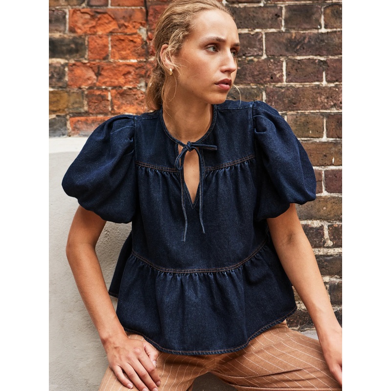 Dark-Blue Puff-Sleeve Denim Top