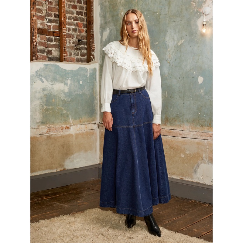 Petite Denim Flared Maxi Skirt
