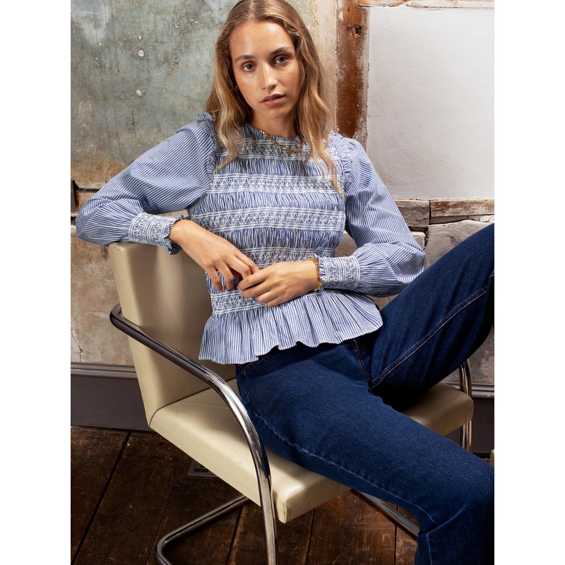 Shirred Embroidered Striped Cotton Blouse