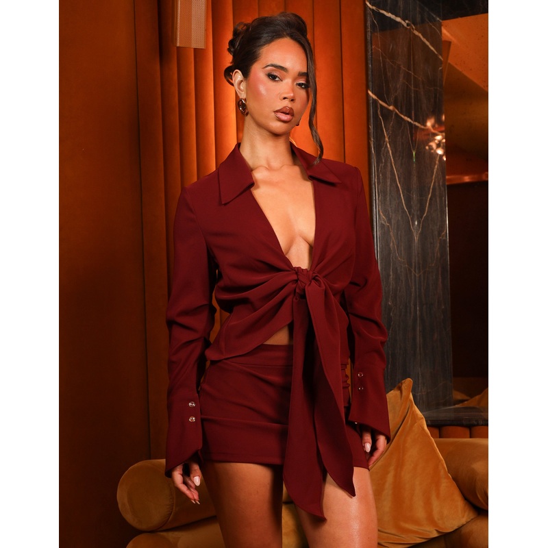 Vesper Long Sleeve Plunge Shirt in Burgundy