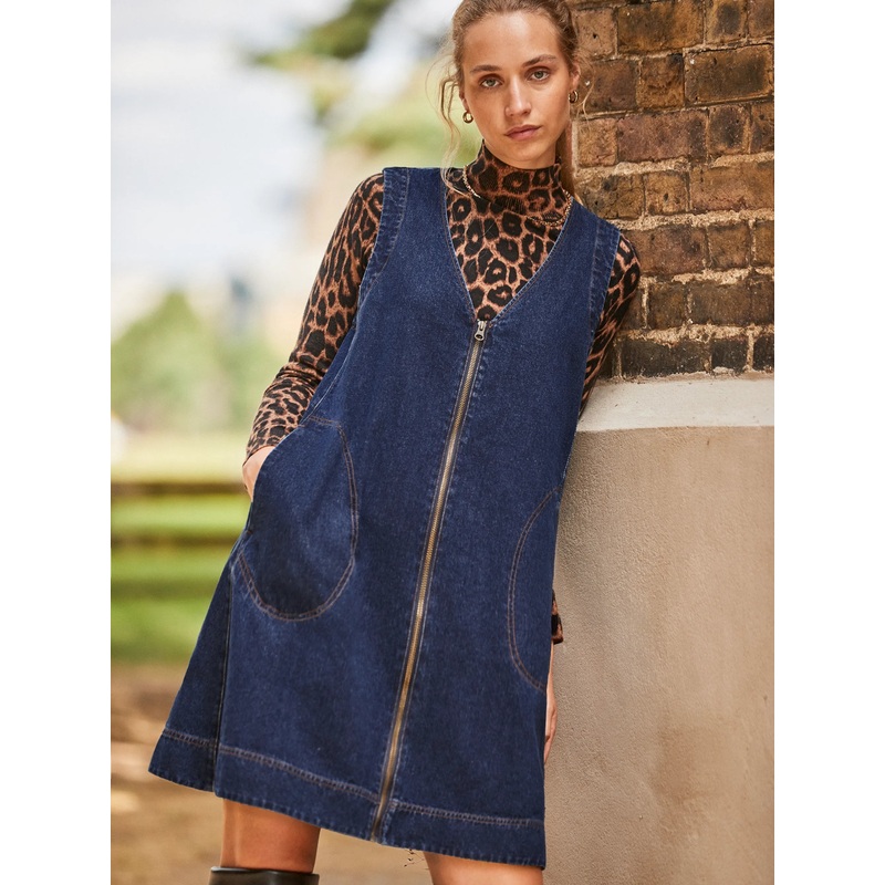 Zip-Front Denim Swing Mini Dress