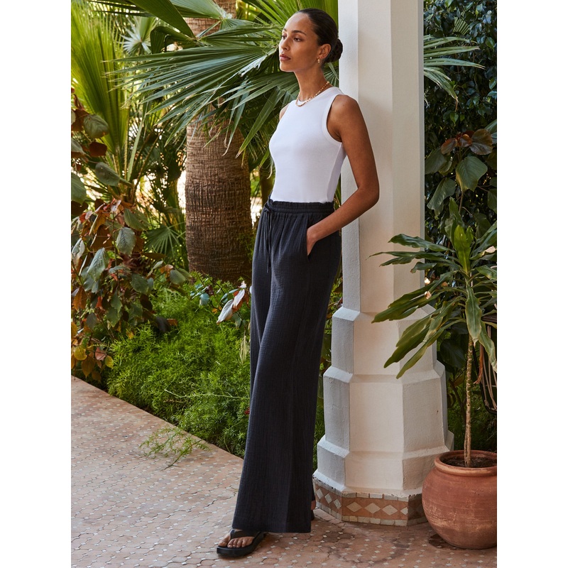 Black Cheesecloth Wide-Leg Trousers