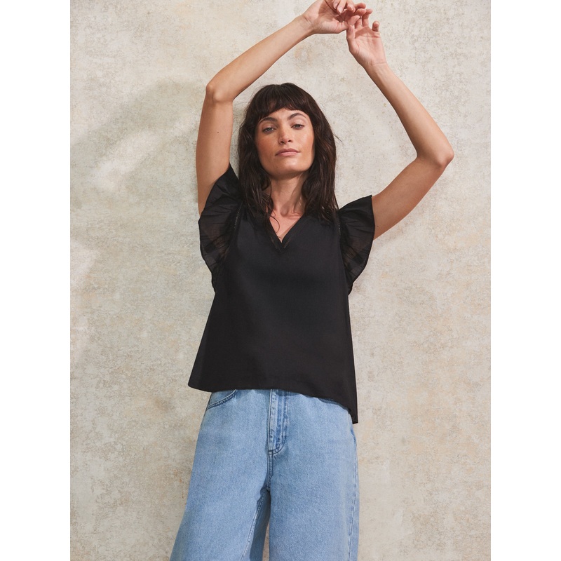 Black Frill-Sleeve V-Neck Cotton Top