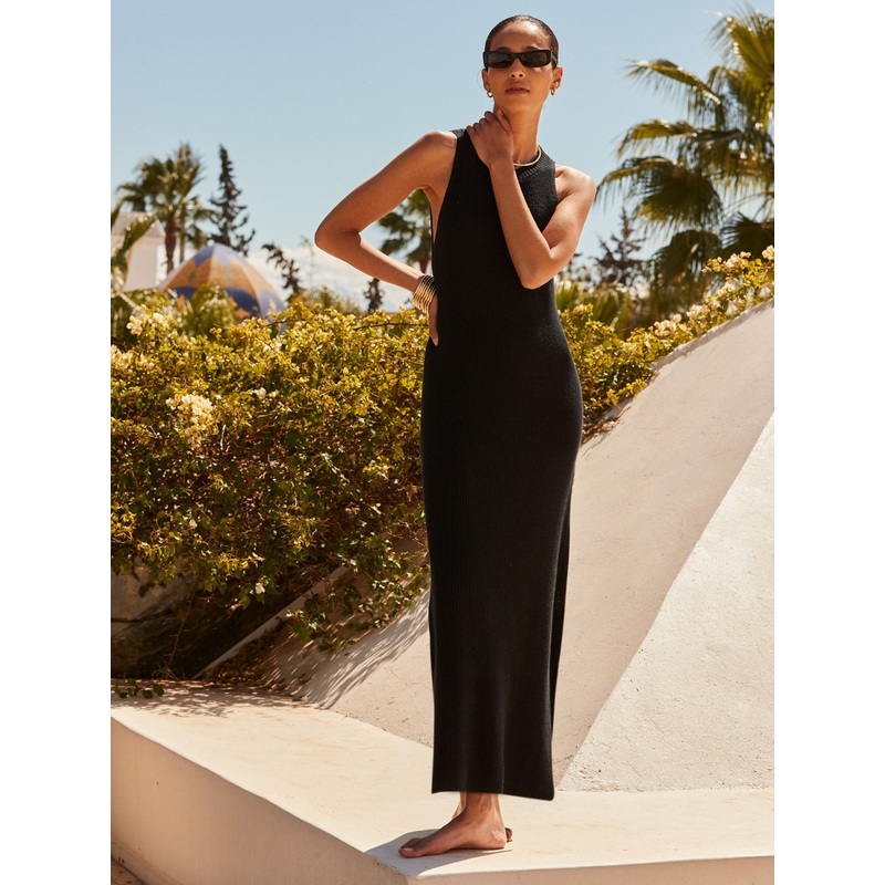 Black Knitted Maxi Dress-XS & S & M & L-Black
