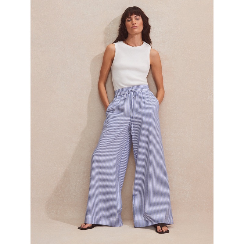 Blue and White Striped Wide-Leg Trousers