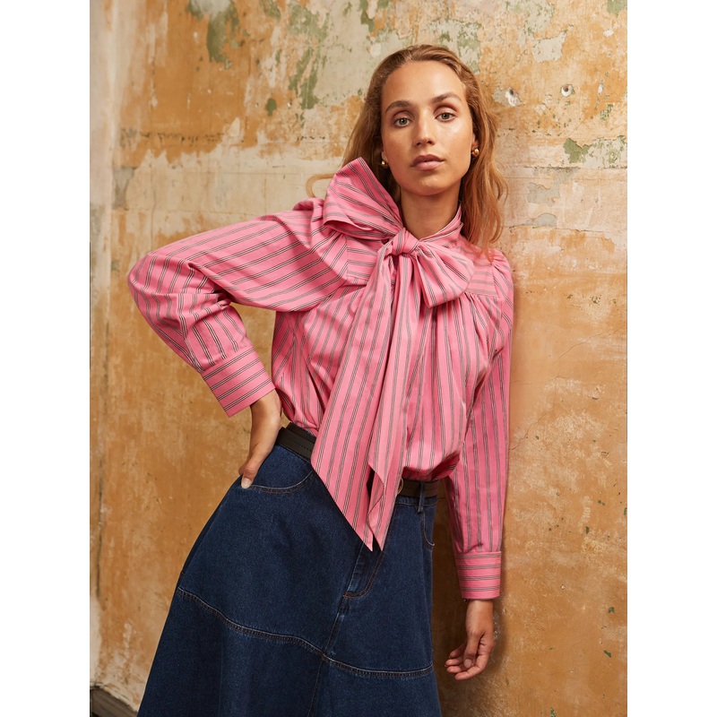 Bow-Detailed Striped Cotton Shirt