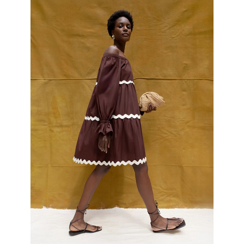 Brown Bardot Contrast Trim Dress